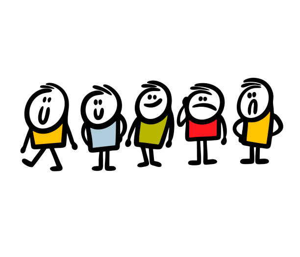 Queue of waiting people in colorful clothes with positive and negative emotions. Queue of waiting people in colorful clothes with positive and negative emotions. Vector illustration of stickman crowd. patience illustration stock illustrations