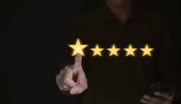 istock Customer service experience and business satisfaction survey, businessman touching with a screen Five stars (5) rating, consumer feedback, Client review and excellent rating concepts. 1461060291