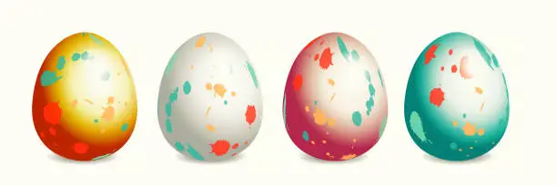 Vector illustration of Multicolored Easter eggs with splashes on an isolated white background. Festive spring set.