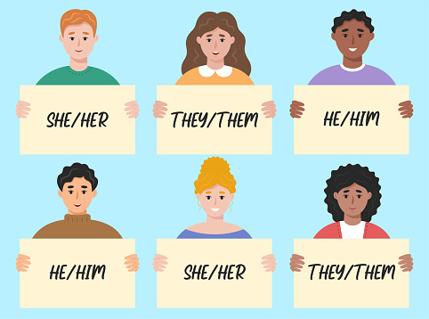 Group of people holding signs with different gender pronouns. He, she, they, non-binary person. Vector illustration in flat style.