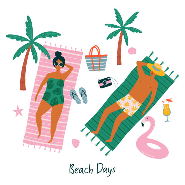 illustrations, cliparts, dessins animés et icônes de carte d’illustration vectorielle d’été avec un bain de soleil jeune femme, palmiers homme, tongs, lunettes de soleil, chapeau, sac de plage et lettrage jours de plage. concept de vacances d’été. illustration de bande dessinée plate - bronzage