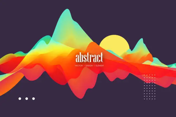 Vector illustration of Landscape with mountains and sun. Sunset. Mountainous terrain.