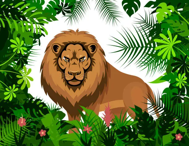 Vector illustration of King Lion in the bushes. Mascot Creative Logo Design.