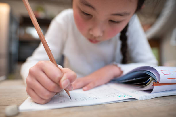 main d’un enfant étudiant à la maison - schoolgirl little girls crayon human face photos et images de collection