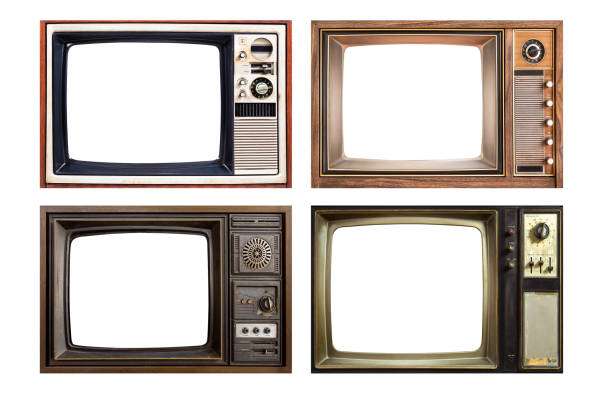 istock Old retro TV set isolated on white background. Mix four vintage televisions with blank screen. 1461067016