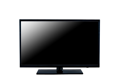 Front view, flat TV LCD monitor with black screen, isolated on white background. TV monitor screen, clipping path.