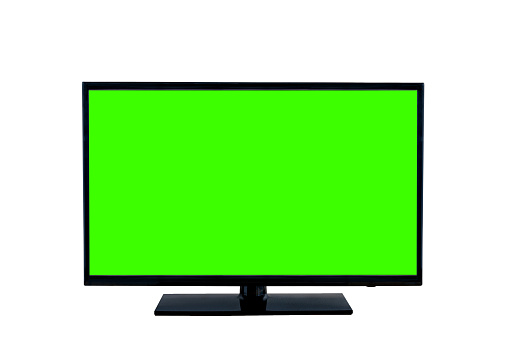 Front view, flat TV LCD monitor with blank green chroma screen, isolated on white background. TV monitor, green screen, clipping path