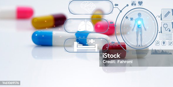 istock Healthcare and medicine concept. World Health Day background. Health insurance background. Medicine for treatment of illness. Alzheimer disease and dementia treatment. Medicine and side effects. 1461069176