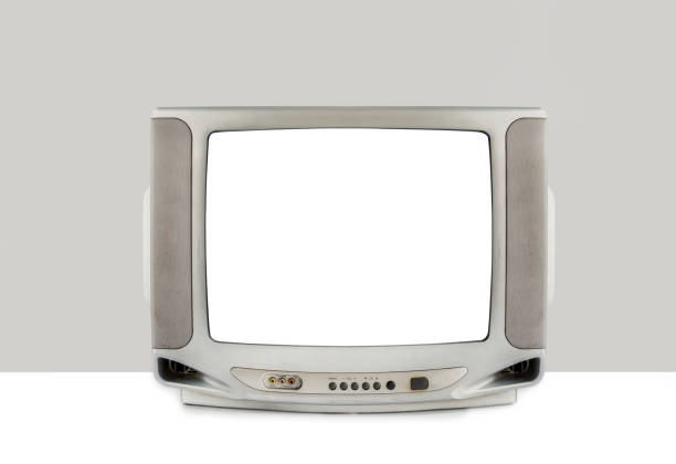 istock Analog old television with cut out white screen isolated on white table and gray background, clipping path 1461069363