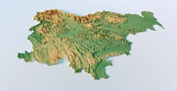 3D Render of a Topographic Map of Slovenia. Isolated on white background. 
All source data is in the public domain.
Color texture: Made with Natural Earth.
http://www.naturalearthdata.com/downloads/10m-raster-data/10m-cross-blend-hypso/
Relief texture: NASADEM data courtesy of NASA JPL (2020).
https://doi.org/10.5067/MEaSUREs/NASADEM/NASADEM_HGT.001
Water texture: Contains modified Copernicus Sentinel data courtesy of ESA. 
URL of source image: https://scihub.copernicus.eu/dhus/#/home.