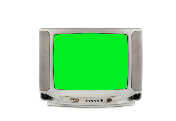 istock Silver analog old TV with green screen with clipping path isolated on white background. 1461069377