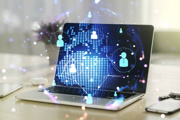 istock Social network media concept with world map and modern computer on background. Double exposure 1461069608