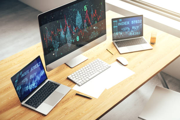 istock Abstract creative financial graph on modern laptop screen, forex and investment concept. 3D Rendering 1461070400