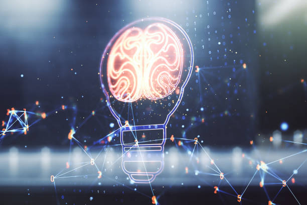istock Abstract virtual light bulb illustration with human brain on blurry contemporary office building background, future technology concept. Multiexposure 1461070533