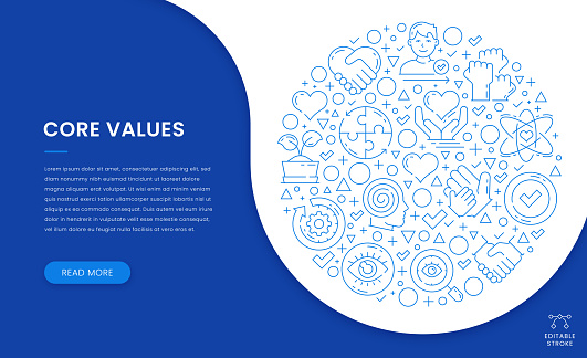 Core Values Web Banner Concept with a circle shaped Icon Pattern. Can be used separately, adjustable colors and editable stroke.