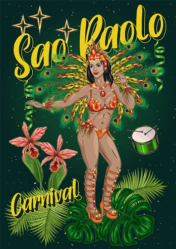 Green carnival poster with brazilian samba female dancer, tropical leaves, orchid, text Sao Paolo. Latino girl dancing and wearing shiny festival costume with colorful feathers. Vintage style.