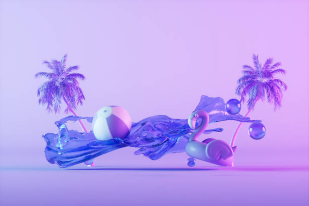 Splashing water with palm trees, minimal summer holiday and travel concept on neon purple background Splashing water with palm trees, minimal summer holiday and travel concept on neon purple background, 3d render. flamingo floaty stock pictures, royalty-free photos & images