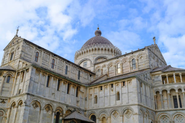 Duomo di Pisa from beneath across the blue sky closeup. Square of miracles/piazza dei miracoli, Italy Duomo di Pisa from beneath across the blue sky closeup. Square of miracles/piazza dei miracoli, Italy pisa leaning tower of pisa tower famous place stock pictures, royalty-free photos & images