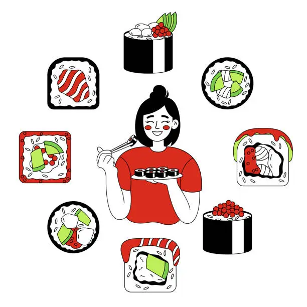 Vector illustration of Young woman eating sushi with chopsticks isolated on white background. Various sushi around.