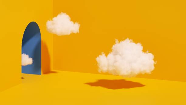 istock 3d render, abstract minimal background, white clouds flying out the blue tunnel inside the yellow room 1461072808