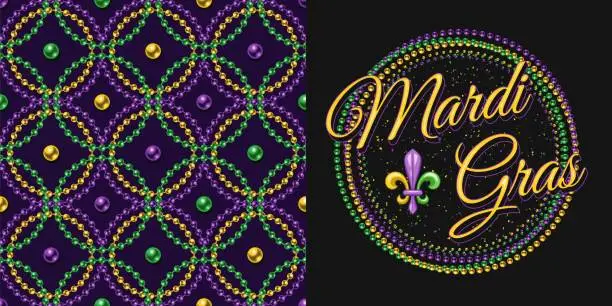 Vector illustration of Set of round ornament, seamless geometric pattern for Mardi gras carnival decoration. Fleur de lis, ribbons, string of beads on dark background. For prints, clothing, t shirt, holiday goods, stuff