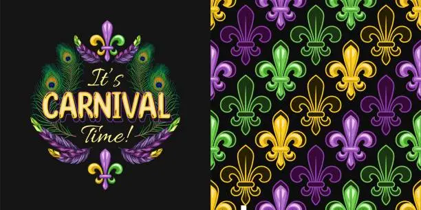 Vector illustration of Set of label, seamless geometric pattern for Mardi gras carnival decoration. Fleur de lis, feathers, text on dark background. For prints, clothing, t shirt, holiday goods, stuff.