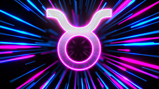 Zodiac sign Taurus and abstract glowing neon energy lines background. 3d illustration.