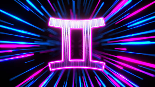 Zodiac sign Gemini and abstract glowing neon energy lines background. 3d illustration.