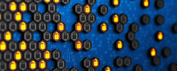 데이터를 암호화합니다. 바이너리 코드 및 디지털 잠금. 해커의 공격 및 데이터 유출. 암호화 된 컴퓨터 코드가있는 빅 데이터. 데이터를 보호합니다. 사이버 인터넷 보안 및 개인 정보 보호 개� - security breach 뉴스 사진 이미지