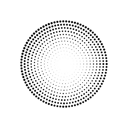 Geometric halftone dotted black circle. Abstract ornament with circular frame effect with creative artistic vector minimalism