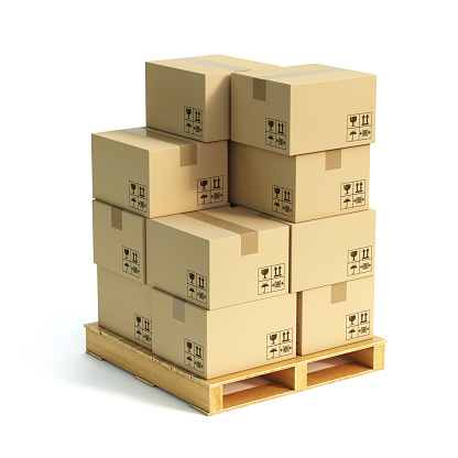 Cardboard boxes on wooden palette 3d illustration