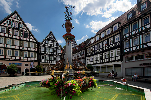 July 30th 2022: old city and market place with half-timbered old houses and city fountain