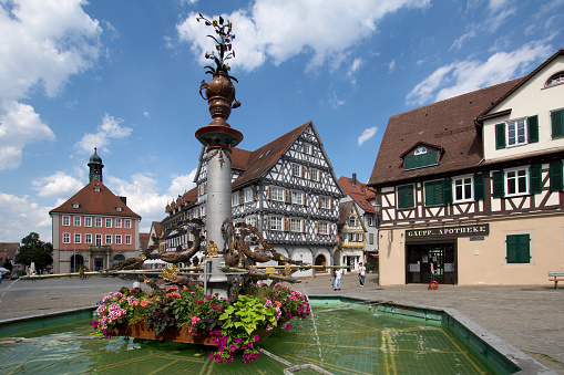July 30th 2022: old city and market place with half-timbered old houses and city fountain