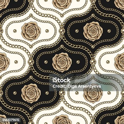 istock Damask pattern with gold chains, beads, roses. 1461079615