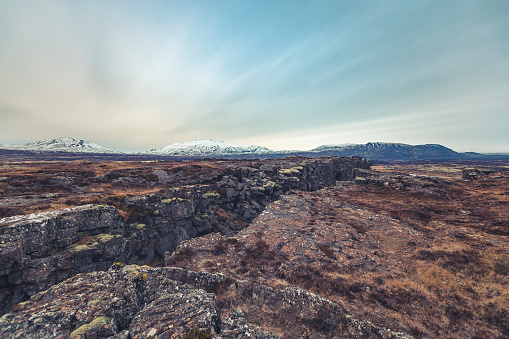 tectonic plates at pingvellir nationalpark in southern iceland, golden circle route.