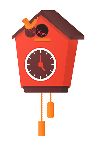 Cuckoo-clock - modern flat design style single isolated image. Neat detailed illustration of home decor element. Wooden wall clock with a bird telling time. Hour and minute. Vintage items idea