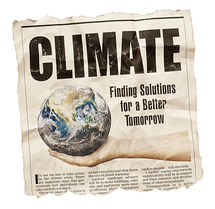 Newspaper clipping about solutions to the climate crisis. Text was written from scratch by the photographer, who also did the design, so this image is free of third-party copyright and may be used without restriction. Public domain satellite Earth image from https://www.nasa.gov/multimedia/imagegallery/image_feature_2159.html