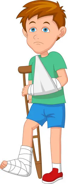 Vector illustration of boy with broken leg and arm cartoon