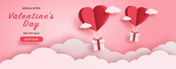 Valentine day sale background, Gift boxes with paper red hearts balloon flying on the sky, Paper art style, Vector illustration Valentine day sale background with gift boxes and red hearts balloon floating on the sky. Paper art style. Wallpaper, flyers, invitation, posters, brochure and banner. Vector illustration. valentines day stock illustrations
