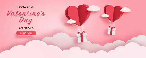 Vector illustration of Valentine day sale background, Gift boxes with paper red hearts balloon flying on the sky, Paper art style, Vector illustration