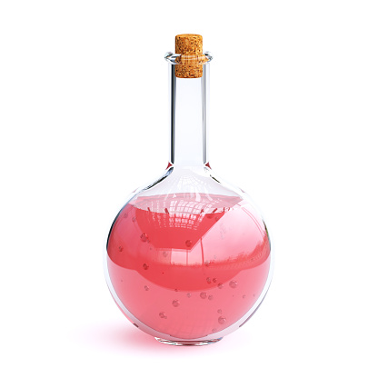 Laboratory glassware filed with red liquid, magic potion 3d rendering
