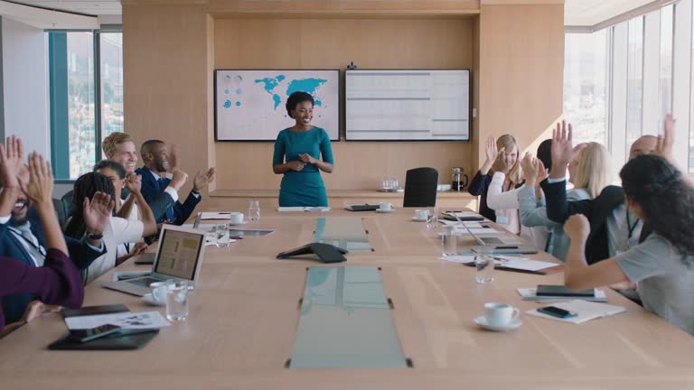 business woman presenting successful solution to shareholders celebrating with applause congratulating female executive for growth in sales clapping hands in office boardroom meeting