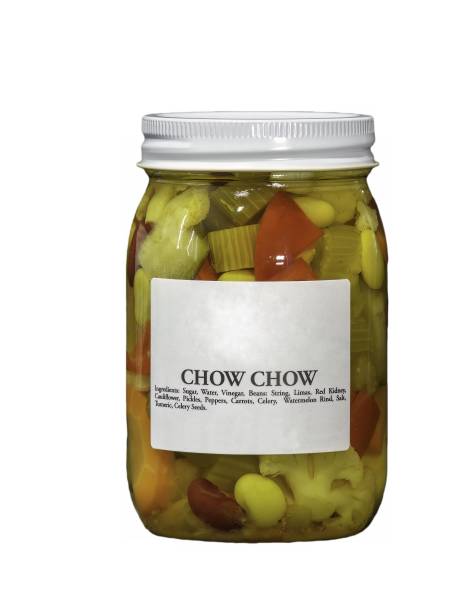 chow chow en conserve dans un bocal, avec une étiquette blanche l’indiquant - chow photos et images de collection