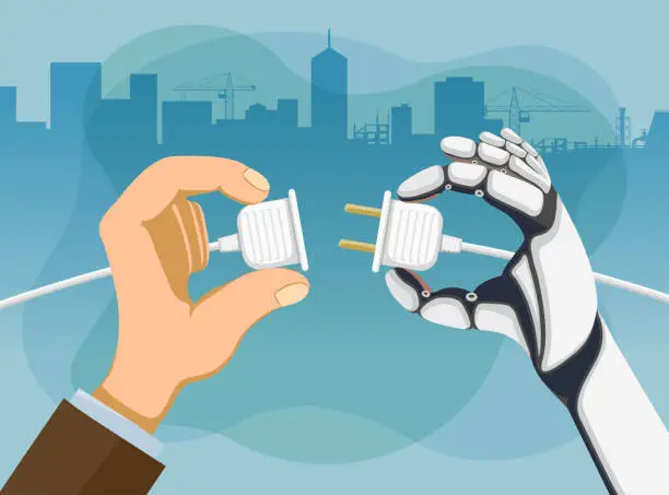Vector illustration of Human and a robotic hands hold a socket and plug