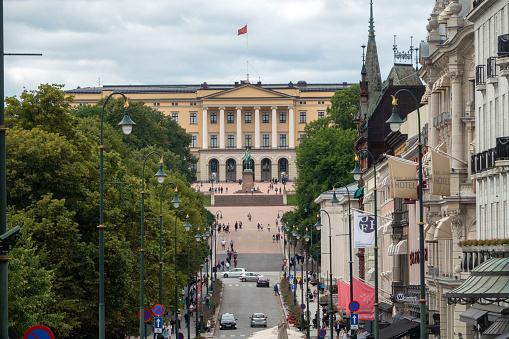 August 28, 2022 - Oslo, Norway.  Visitors to the city explore the downtown area along the Karl Johans gate.