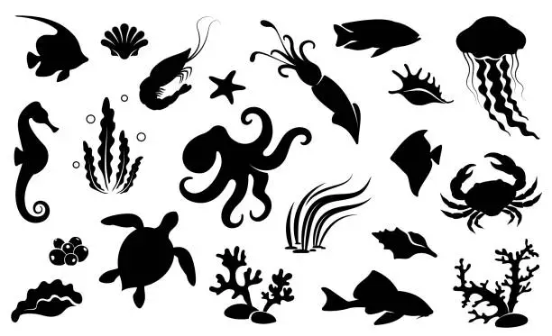 Vector illustration of Set of sea animals and fish. Isolated black silhouette. Vector