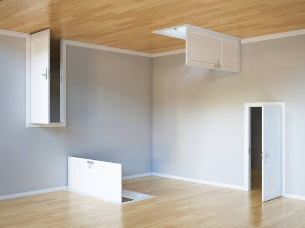 istock Abstract room, doors on floor, walls and ceiling, right choice concept, 3d rendering 1461090897