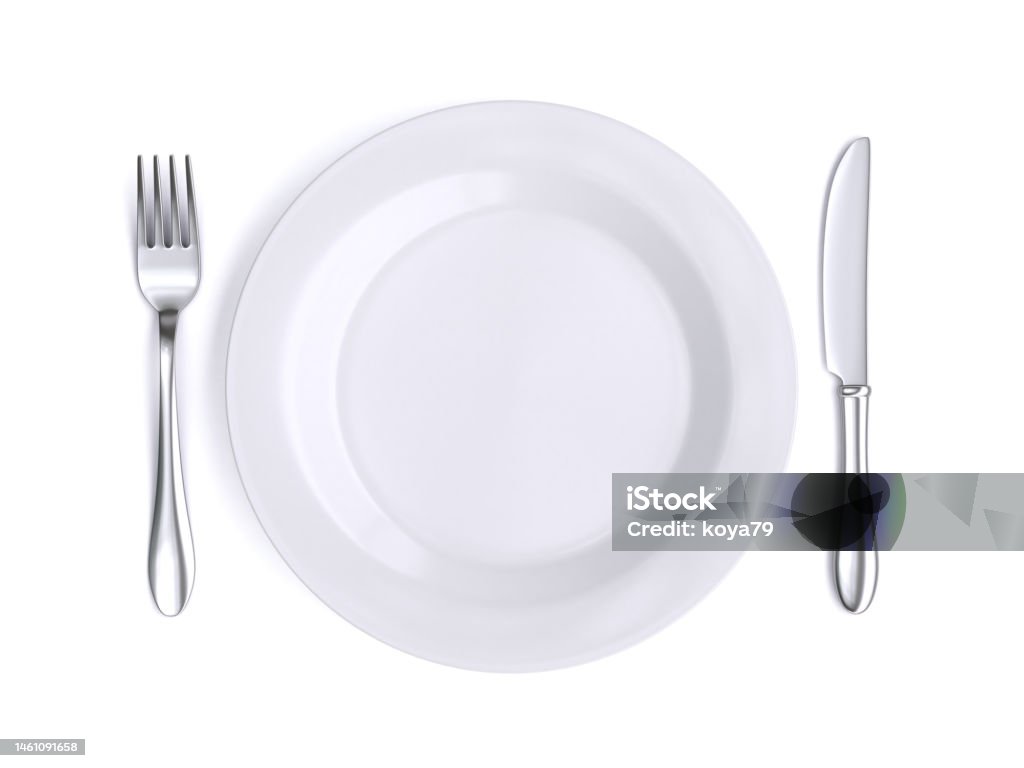 Plate and silverware top view 3d rendering Plate Stock Photo
