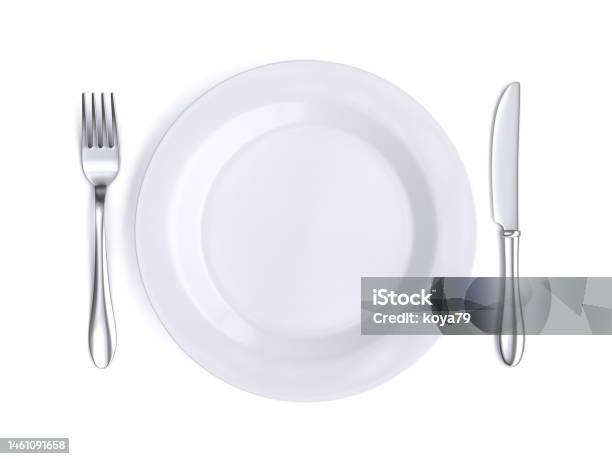 Plate And Silverware Top View 3d Rendering Stock Photo - Download Image Now - Plate, Fork, Table Knife