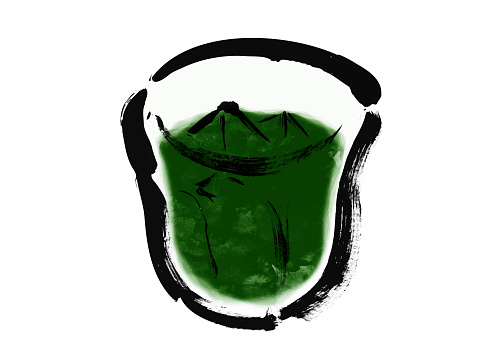 Aojiru green tea hand-drawn illustration in Japanese style